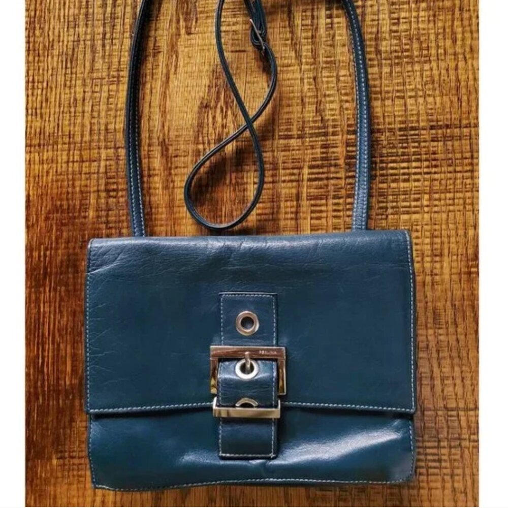 Vintage Y2K Perlina Dark Teal Modern Minimalist Leather Crossbody Buckle Bag